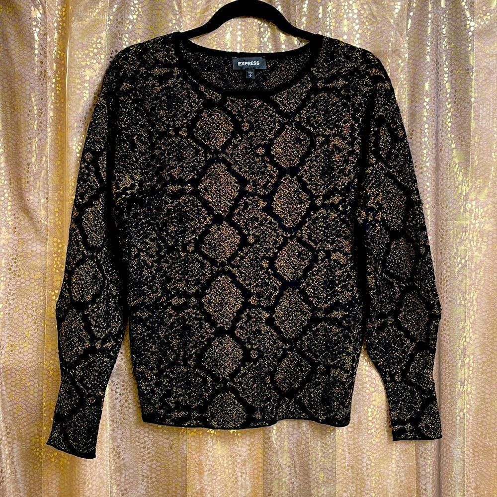 Express Black Gold Metallic Snake Print Balloon Sleeve Sweater Small NWT